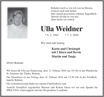 Traueranzeige von Ulla Weidner von Neue Osnabrücker Zeitung GmbH & Co. KG