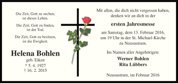 Traueranzeige von Helena Bohlen von Neue Osnabrücker Zeitung GmbH & Co. KG
