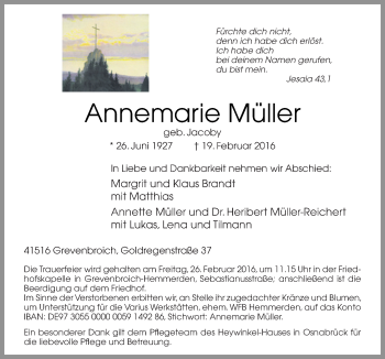 Traueranzeige von Annemarie Müller von Neue Osnabrücker Zeitung GmbH & Co. KG