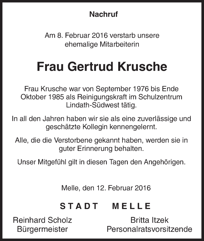  Traueranzeige für Gertrud Krusche vom 12.02.2016 aus Neue Osnabrücker Zeitung GmbH & Co. KG