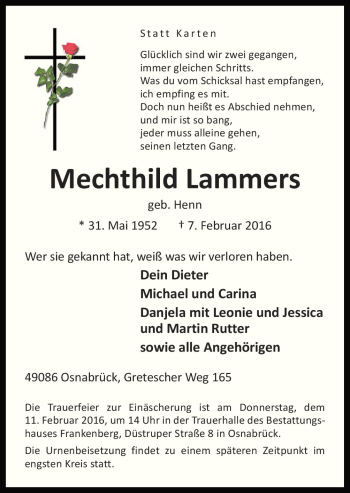 Traueranzeige von Mechthild Jammers von Neue Osnabrücker Zeitung GmbH & Co. KG