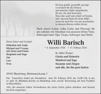Traueranzeige von Willi Barfisch von Neue Osnabrücker Zeitung GmbH & Co. KG