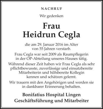 Traueranzeige von Heidrun Cegla von Neue Osnabrücker Zeitung GmbH & Co. KG