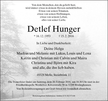 Traueranzeige von Detlef Hunger von Neue Osnabrücker Zeitung GmbH & Co. KG