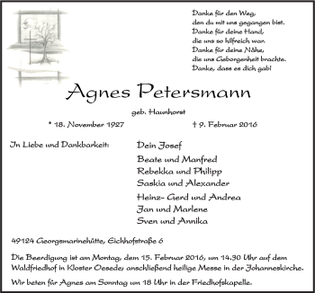 Traueranzeige von Agnes Petersmann von Neue Osnabrücker Zeitung GmbH & Co. KG