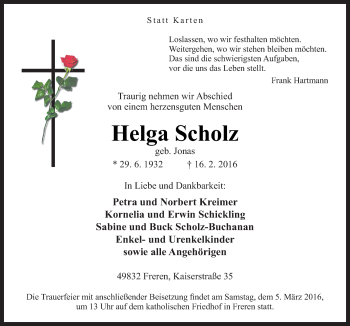 Traueranzeige von Helga Scholz von Neue Osnabrücker Zeitung GmbH & Co. KG