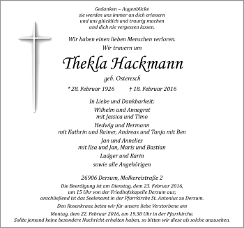 Traueranzeige von Thekla Hackmann von Neue Osnabrücker Zeitung GmbH & Co. KG
