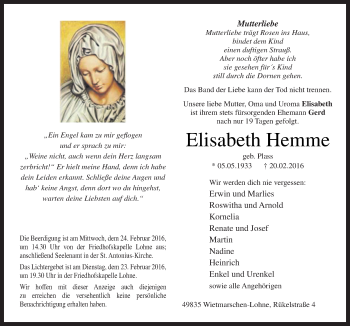 Traueranzeige von Elisabeth Hemme von Neue Osnabrücker Zeitung GmbH & Co. KG