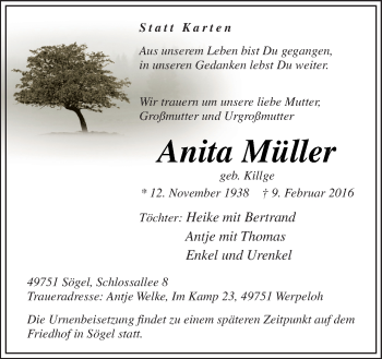 Traueranzeige von Anita Müller von Neue Osnabrücker Zeitung GmbH & Co. KG