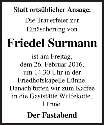 Traueranzeige von Friedel Surmann von Neue Osnabrücker Zeitung GmbH & Co. KG