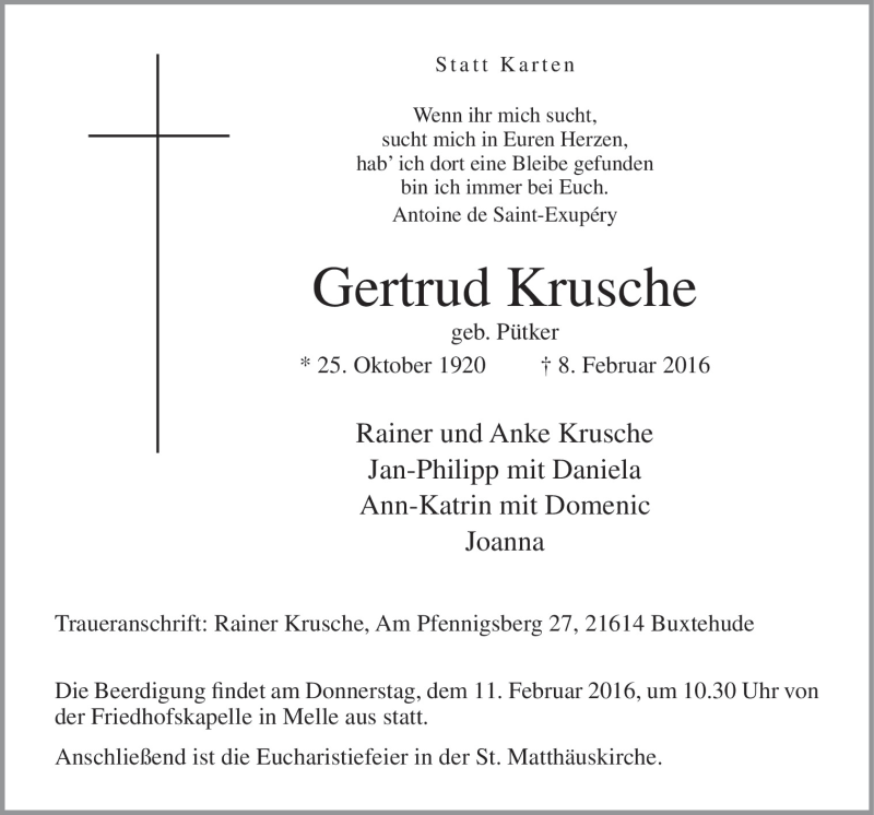  Traueranzeige für Gertrud Krusche vom 10.02.2016 aus Neue Osnabrücker Zeitung GmbH & Co. KG
