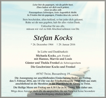 Traueranzeige von Stefan Kocks von Neue Osnabrücker Zeitung GmbH & Co. KG