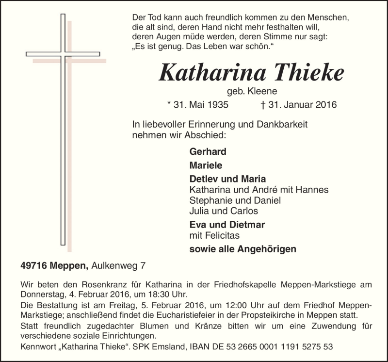  Traueranzeige für Katharina Thieke vom 03.02.2016 aus Neue Osnabrücker Zeitung GmbH & Co. KG