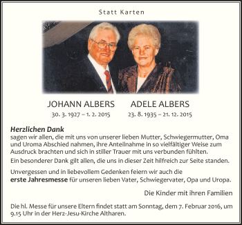 Traueranzeige von Johann und Adele Albers von Neue Osnabrücker Zeitung GmbH & Co. KG