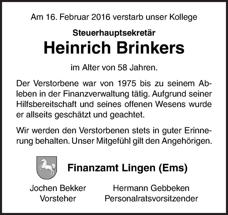  Traueranzeige für Heinrich Brinkers vom 22.02.2016 aus Neue Osnabrücker Zeitung GmbH & Co. KG