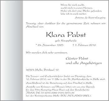 Traueranzeige von Klara Pabst von Neue Osnabrücker Zeitung GmbH & Co. KG