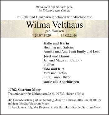 Traueranzeige von Wilma Velthaus von Neue Osnabrücker Zeitung GmbH & Co. KG