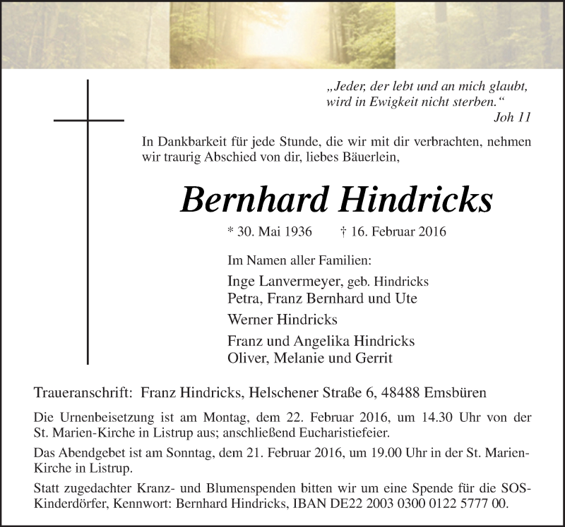  Traueranzeige für Bernhard Hindricks vom 18.02.2016 aus Neue Osnabrücker Zeitung GmbH & Co. KG