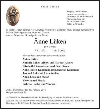 Traueranzeige von Änne Lüken von Neue Osnabrücker Zeitung GmbH & Co. KG
