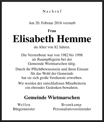 Traueranzeige von Elisabeth Hemme von Neue Osnabrücker Zeitung GmbH & Co. KG