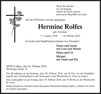 Traueranzeige von Hermine Rolfes von Neue Osnabrücker Zeitung GmbH & Co. KG