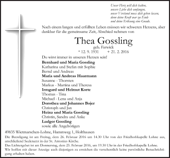 Traueranzeige von Thea Gossling von Neue Osnabrücker Zeitung GmbH & Co. KG