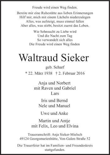 Traueranzeige von Waltraud Sieker von Neue Osnabrücker Zeitung GmbH & Co. KG