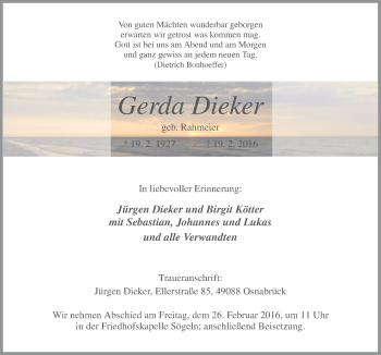 Traueranzeige von Gerda Dieker von Neue Osnabrücker Zeitung GmbH & Co. KG