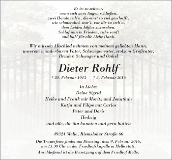 Traueranzeige von Dieter Rohlf von Neue Osnabrücker Zeitung GmbH & Co. KG