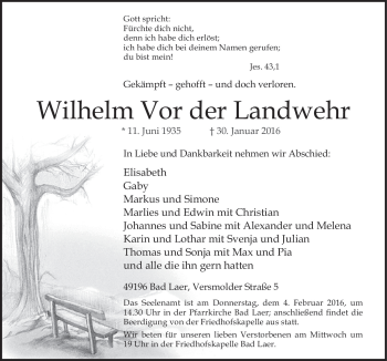 Traueranzeige von Wilhelm Vor der Landwehr von Neue Osnabrücker Zeitung GmbH & Co. KG