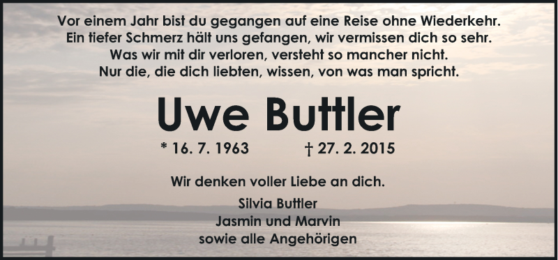  Traueranzeige für Uwe Buttler vom 27.02.2016 aus Neue Osnabrücker Zeitung GmbH & Co. KG