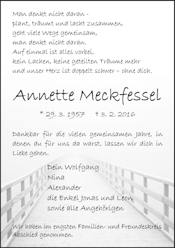 Traueranzeige von Annette Meckfessel von Neue Osnabrücker Zeitung GmbH & Co. KG