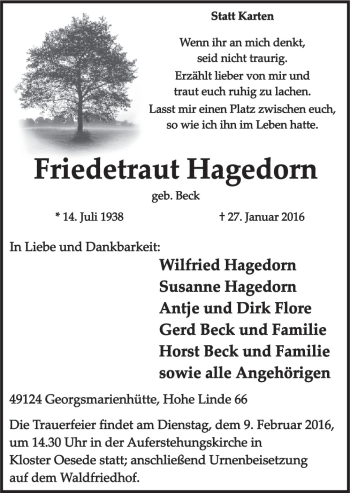 Traueranzeige von Friedetraut Hagedorn von Neue Osnabrücker Zeitung GmbH & Co. KG