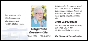 Traueranzeige von Margaretha Beestermöller von Neue Osnabrücker Zeitung GmbH & Co. KG