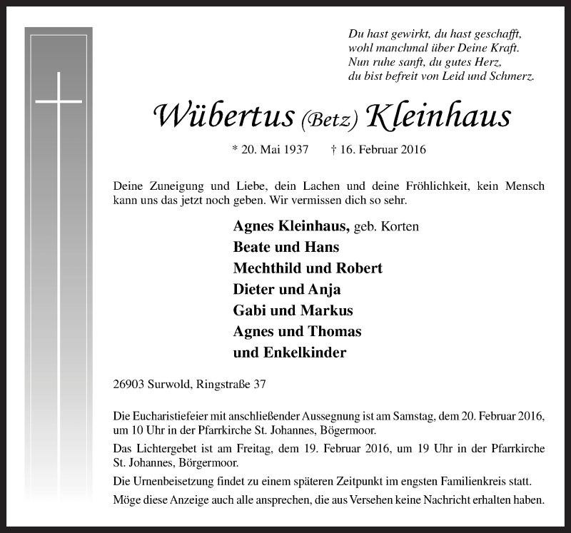  Traueranzeige für Wübertus Kleinhaus vom 18.02.2016 aus Neue Osnabrücker Zeitung GmbH & Co. KG