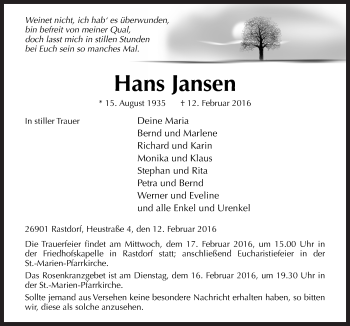 Traueranzeige von Hans Jansen von Neue Osnabrücker Zeitung GmbH & Co. KG