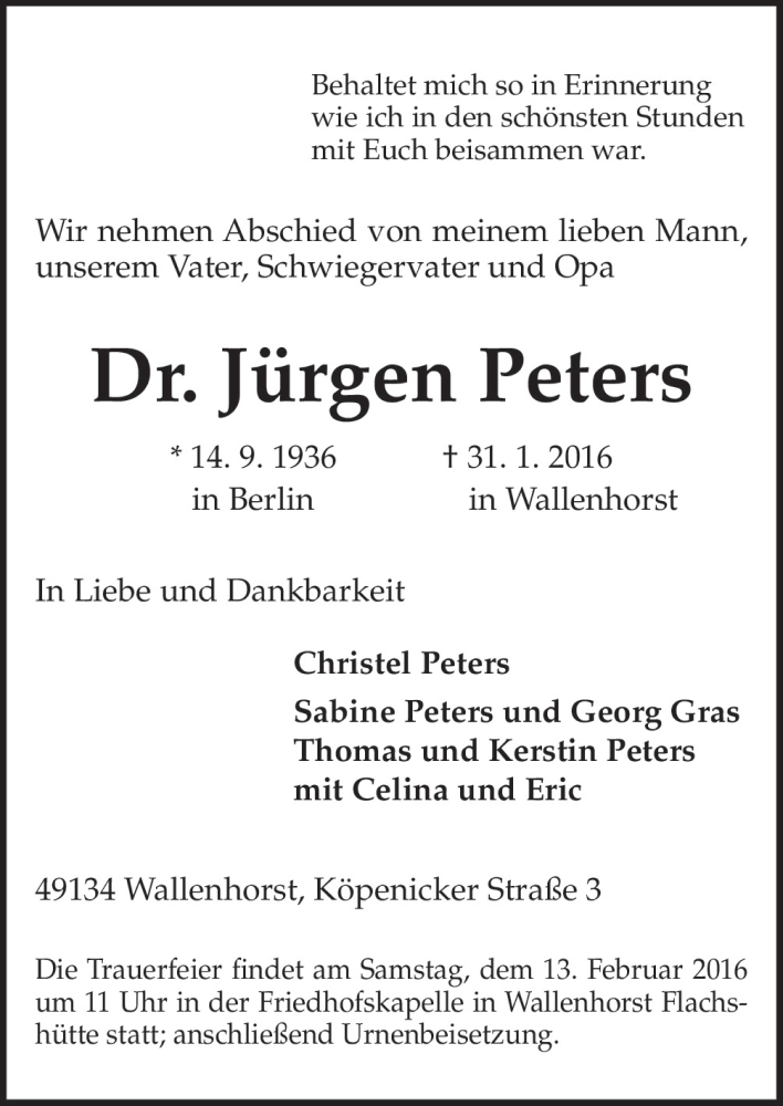  Traueranzeige für Jürgen Peters vom 03.02.2016 aus Neue Osnabrücker Zeitung GmbH & Co. KG