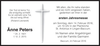 Traueranzeige von Änne Peters von Neue Osnabrücker Zeitung GmbH & Co. KG