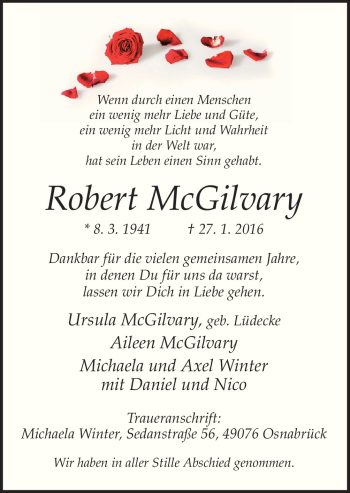 Traueranzeige von Robert McGilvary von Neue Osnabrücker Zeitung GmbH & Co. KG