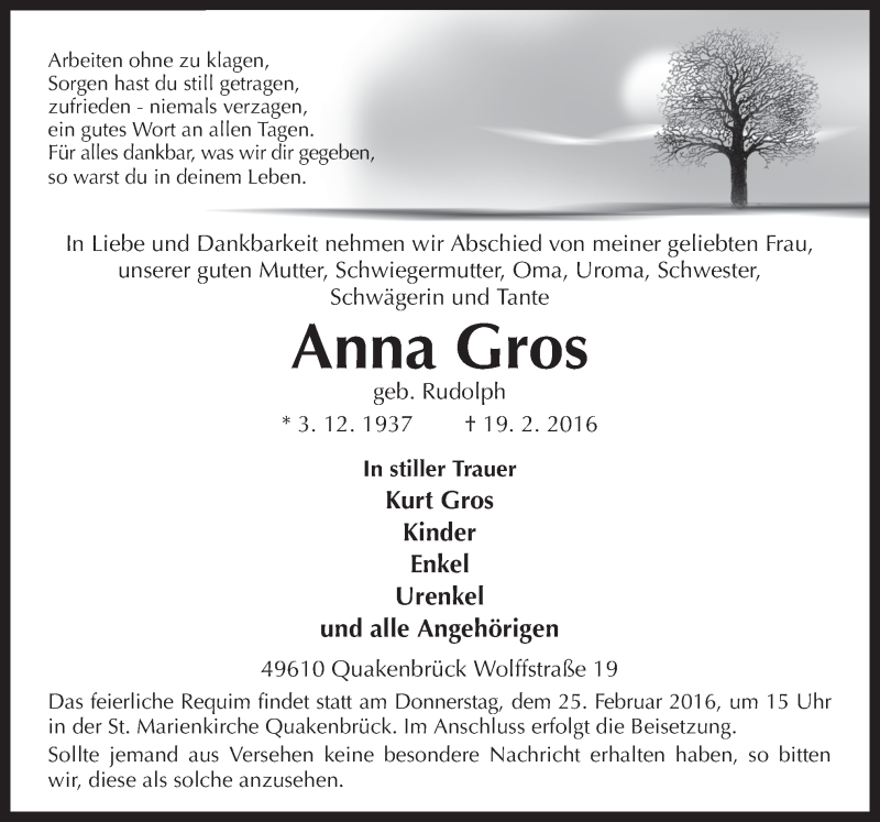  Traueranzeige für Anna Gros vom 23.02.2016 aus Neue Osnabrücker Zeitung GmbH & Co. KG