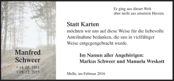 Traueranzeige von Manfred Schweer von Neue Osnabrücker Zeitung GmbH & Co. KG