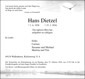 Traueranzeige von Hans Dietzel von Neue Osnabrücker Zeitung GmbH & Co. KG