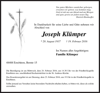 Traueranzeige von Joseph Klümper von Neue Osnabrücker Zeitung GmbH & Co. KG