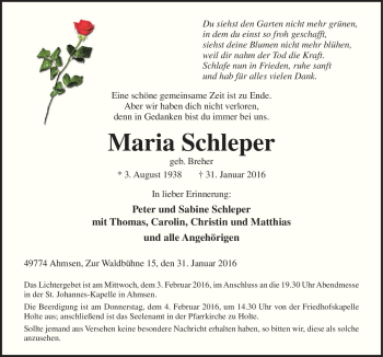 Traueranzeige von Maria Schleper von Neue Osnabrücker Zeitung GmbH & Co. KG