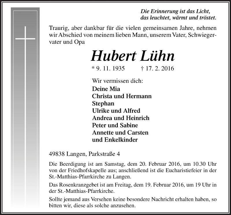  Traueranzeige für Hubert Lühn vom 19.02.2016 aus Neue Osnabrücker Zeitung GmbH & Co. KG