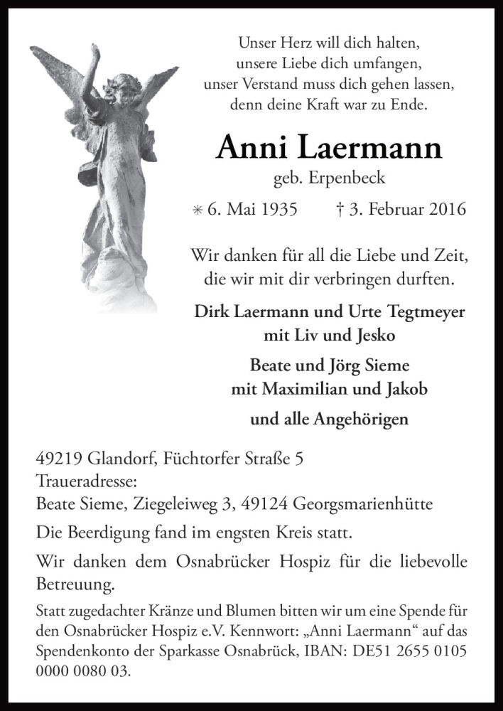  Traueranzeige für Anni Laermann vom 10.02.2016 aus Neue Osnabrücker Zeitung GmbH & Co. KG
