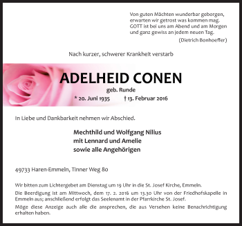 Traueranzeige von Adelheid Conen von Neue Osnabrücker Zeitung GmbH & Co. KG