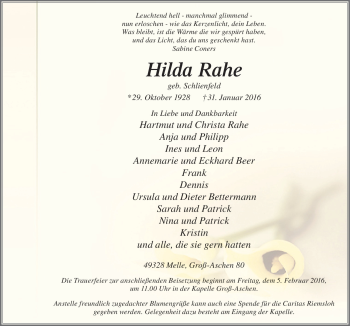 Traueranzeige von Hilda Rahe von Neue Osnabrücker Zeitung GmbH & Co. KG