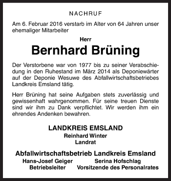 Traueranzeige von Bernhard Brüning von Neue Osnabrücker Zeitung GmbH & Co. KG