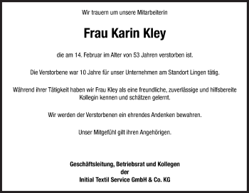 Traueranzeige von Karin Kley von Neue Osnabrücker Zeitung GmbH & Co. KG